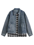 Jaqueta Washed Distressed Patchwork Faux Two-Piece Denim